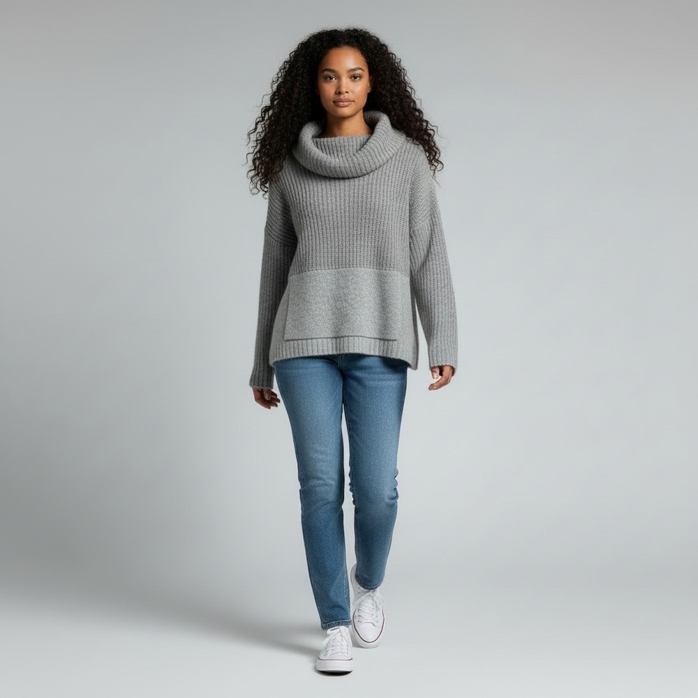 Wool Alpaca Blend Cowl Neck Gray Sweater - XL